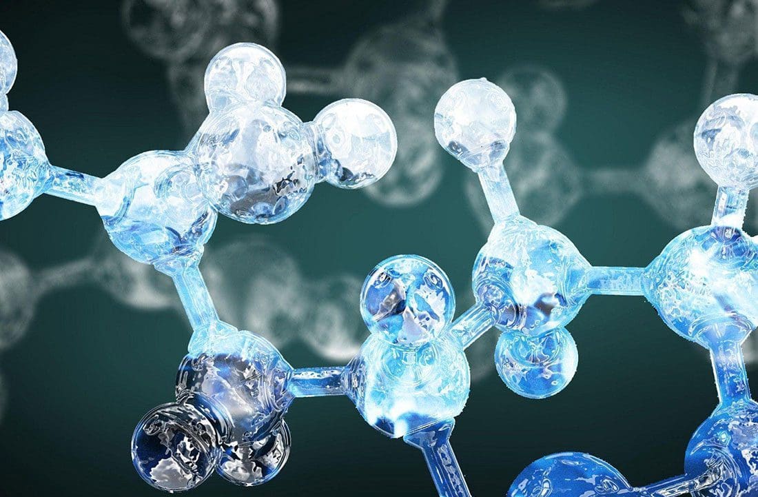 Blue molecular structure illustration on teal background