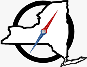 Outline of New York with clock hands.